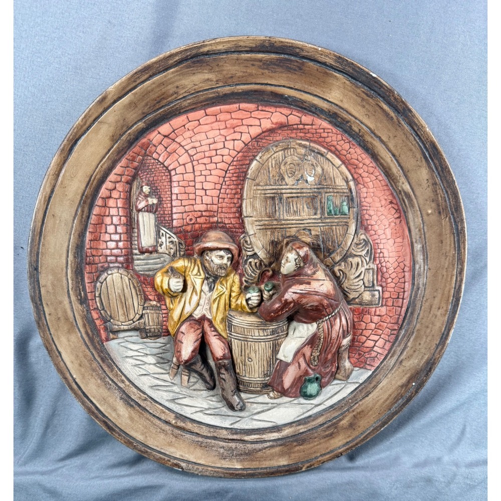 Vintage Tavern Scene Relief Wall Plaque Wine Barrels Rustic Decor 11.5 Inch